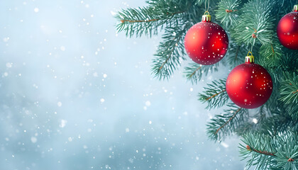 Red balls on fir branches with a snowy winter backdrop and copy space, ideal for Christmas and holiday card designs.