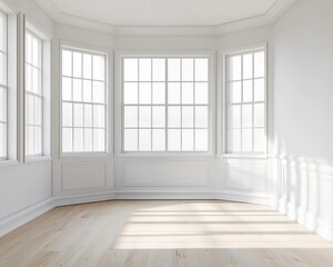 Obraz premium Consistently lit minimalist room with oak floors and white walls.