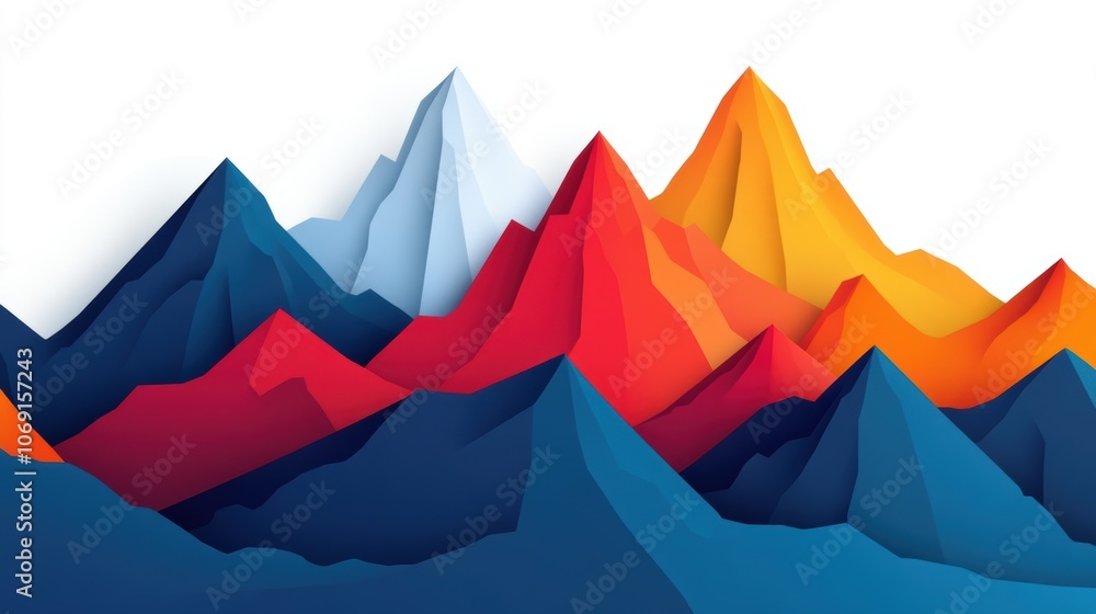 Poster geometric mountain range, layered peaks create a striking paper-like landscape, showcasing sharp ang