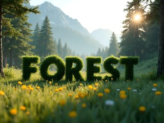 Forest, 3D realistic forest script. Forest path, wild flowers, tall pine trees and nature background. Digital art...