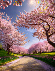 Naklejka premium A picturesque path winds through a vibrant park adorned with blooming cherry trees under a clear blue sky