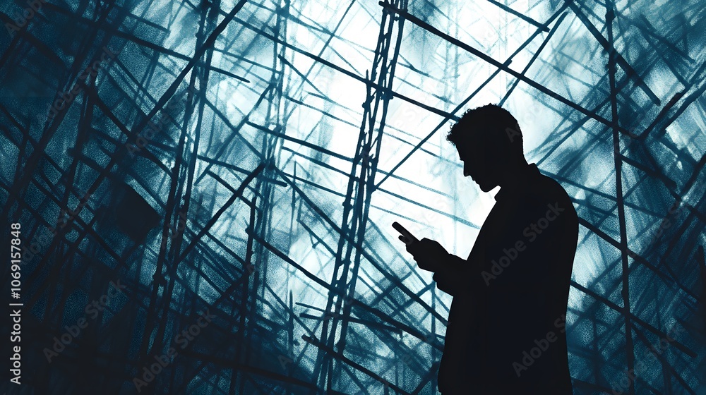 Poster businessman thinking in front of abstract structure