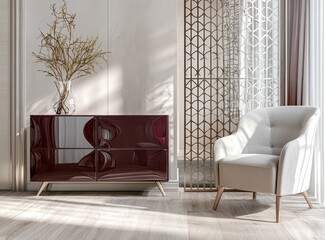 Elegant entrance hall with maroon sideboard, grey chair, and decor.
