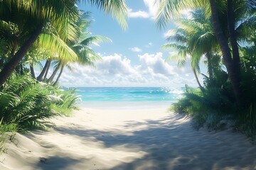 Obraz premium Hidden Beach Path Under Lush Palm Trees