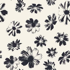 Seamless pattern with monochrome flowers blooms stamps. Nature black and white grunge background. Floral inky repeat design.