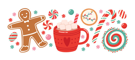 Christmas desserts set. Traditional holiday hot cocoa, sweets and bakery. Food vector illustrations collection isolated on white background