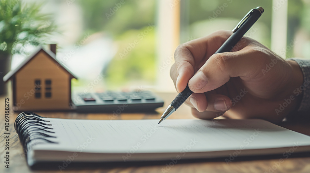 Poster Salesperson is jotting down notes in a notebook with a pen, with a small house and a calculator in the background