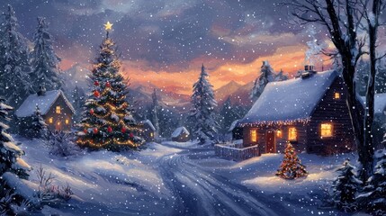 Naklejka premium Winter Holiday Scene with Snowy Landscape and Tree