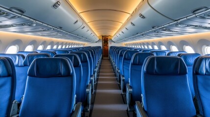 Empty Airplane Cabin, Rows of Blue Seats and Illuminated Aisle, Travel and Transport Concept
