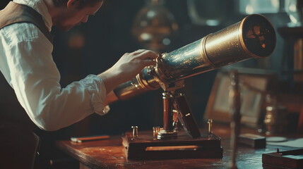 Antique Telescope Assembly: Precision, History, Optics, Warm Lighting, Vintage