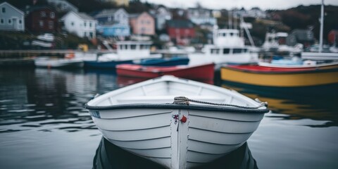Fototapeta premium White Rowboat Docked in a Harbor
