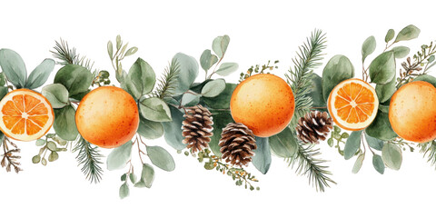 PNG Watercolor winter garland oranges leaves leaf.
