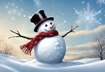 Obraz premium Winter holiday christmas background banner - Closeup of cute funny laughing snowman with wool hat and scarf snowscape