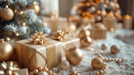 Minimalist Christmas scene featuring a gold-adorned tree and elegant, matching presents. Ideal for stylish product displays, holiday cards, or festive advertisements 2026 - 2027.