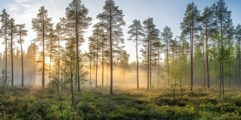 Obraz premium Sunrise in a Misty Pine Forest