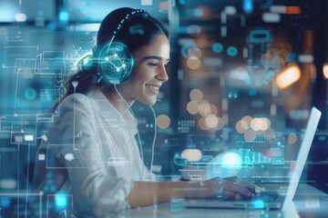 Young businesswoman multitasking with laptop and AI chatbot interface.