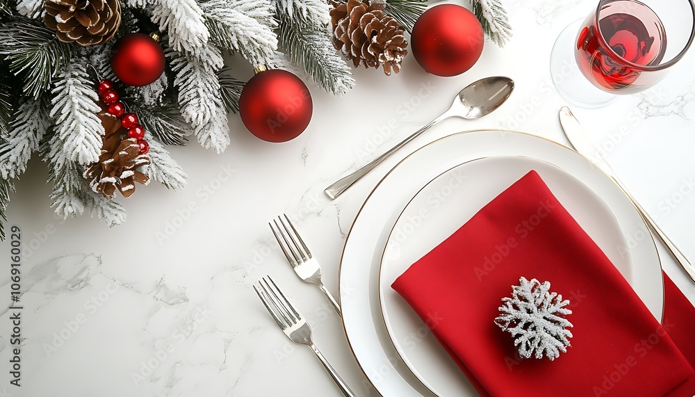 Poster festive red and white christmas table setting with snowy pine decor : generative ai