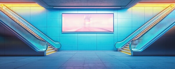 Fototapeta premium Modern subway billboard on an electric blue wall with designer stairs for ads.