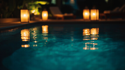 The enchanting ambiance of a swimming pool at night