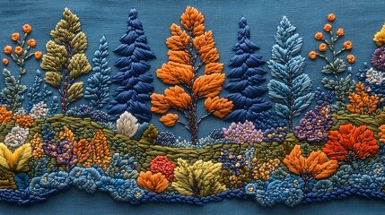 Colorful embroidered forest scene on textured fabric background