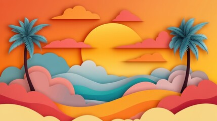 Obraz premium Tropical Sunset Serenity, vibrant hues blending in a layered sky, silhouetted palm trees creating a tranquil island atmosphere