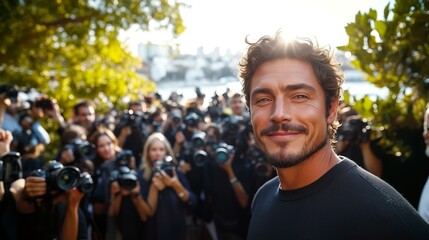 Charismatic celebrity surrounded by enthusiastic paparazzi at outdoor event