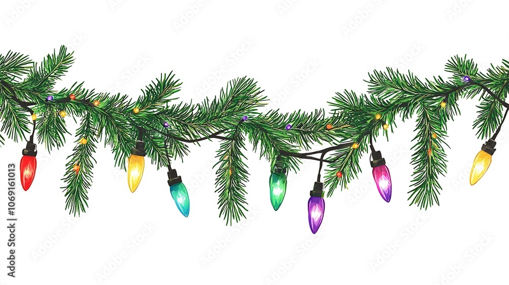 Poster evergreen garland with multicolor led holiday lights on white background isolated closeup : generati