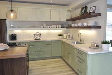 Fototapeta premium Modern Kitchen with Green Cabinets, White Tile, and Wood Accents