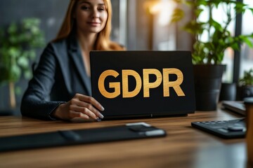 Businesswoman holding GDPR sign symbolizing data privacy legal compliance and user rights...