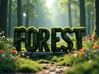 Forest, 3D realistic forest script. Forest path, wild flowers, tall pine trees and nature background. Digital art...