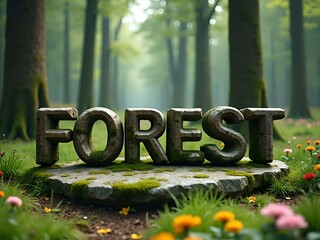 Forest, 3D realistic forest script. Forest path, wild flowers, tall pine trees and nature background. Digital art...