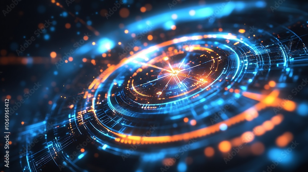 Aufkleber Futuristic Sci-Fi Interface with Glowing Blue and Orange Neon Patterns : Generative AI