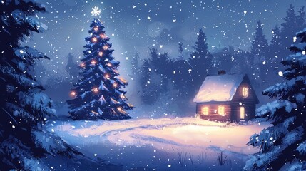 Naklejka premium Winter Scene with Christmas Tree and Cozy Cabin