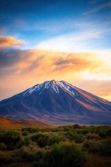 Fototapeta premium Majestic snow-capped mountain against a vibrant sunset sky