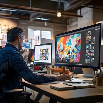 A team of graphic designers engaged in a project, working with large monitors that display creative designs