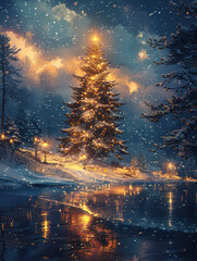 Fototapeta premium Enchanted Christmas Tree by the Frozen Lake