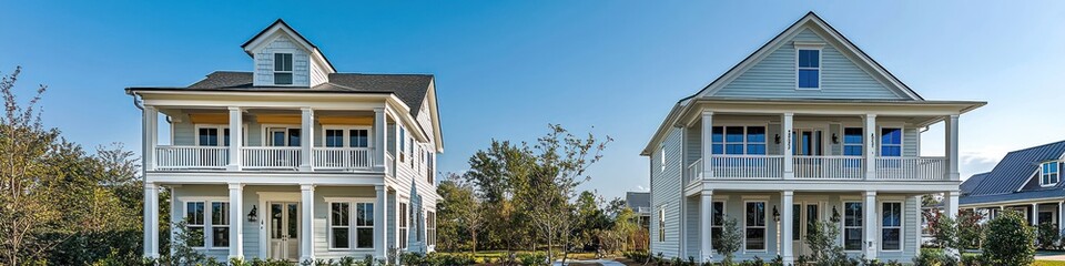 Obraz premium Sunny view of a two-story home in Georgia with ochre trim and sapphire windows.