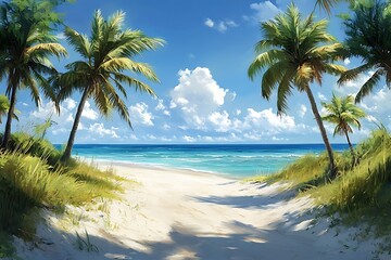 Obraz premium Palm Tree Pathway to Tranquil Beach1