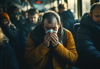 Closeup of Young Man Sneezing on Train, Holding Handkerchief with Passengers Nearby