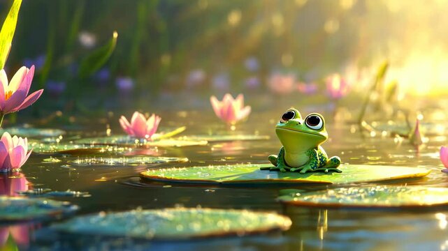 A serene frog sits on a lily pad amid blooming flowers in a tranquil pond setting.