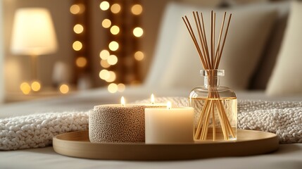 Luxurious Aromatherapy Candle and Reed Diffuser Arrangement in Cozy Atmosphere : Generative AI