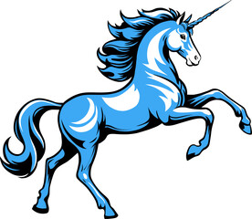 a mythological stylized unicorn in blue white and black raised on its hind legs