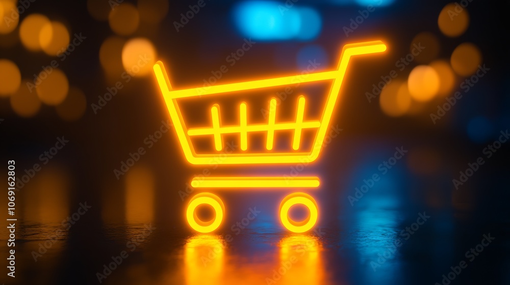 Poster glowing neon shopping cart symbol on a dark blurred background for e-commerce concept : generative a