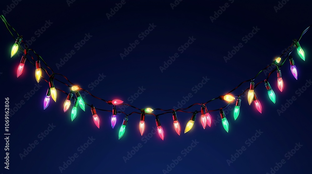 Poster vibrant festive string of multicolored holiday lights against deep blue background : generative ai
