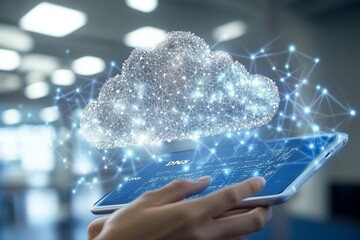 Hand holding a glowing connected cloud network on tablet symbolizing secure data sharing cloud connectivity and network protection in digital infrastructure