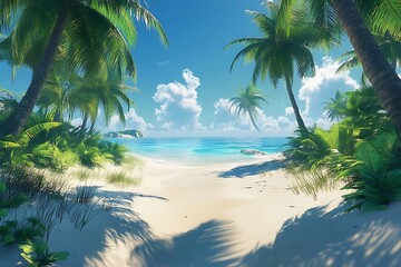 Fototapeta premium Palm Trees and Lush Foliage Frame a Calm Beach Scene