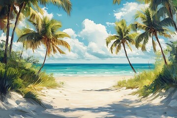 Obraz premium Palm Trees and Lush Foliage Framing a Tropical Beach Scene