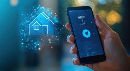 Smart home technology with smartphone app interface in hand