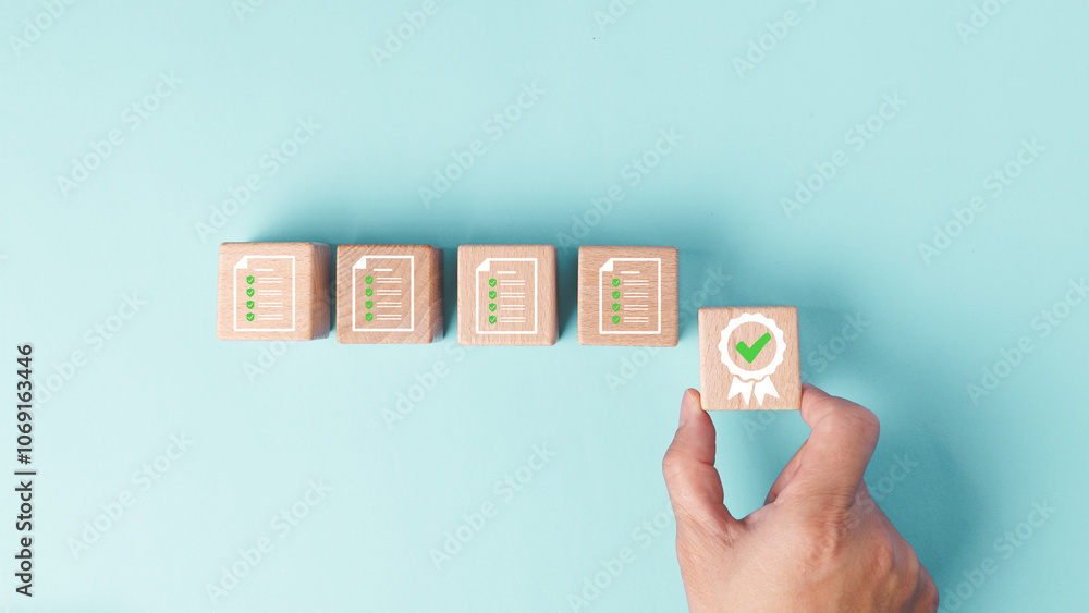Poster a hand is holding a block with a green check mark certificate icon and document icon in concept of q