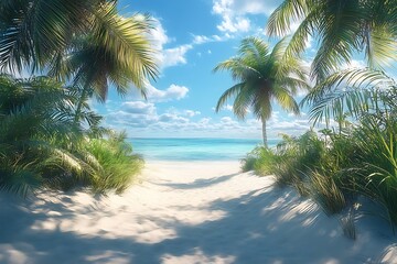 Obraz premium Palm Trees and Sunbeams on Tranquil Tropical Beach